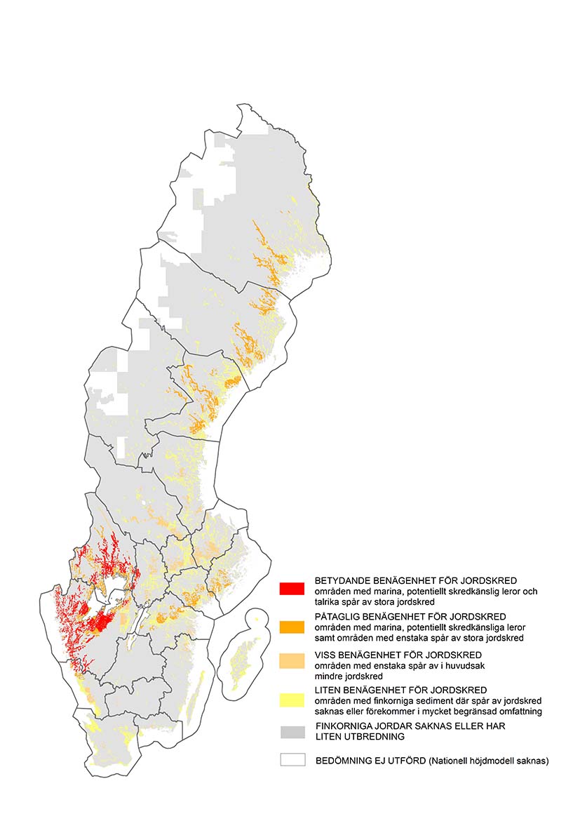 Karta över Sverige som visar vart riskerna för ras och skred är som störst.