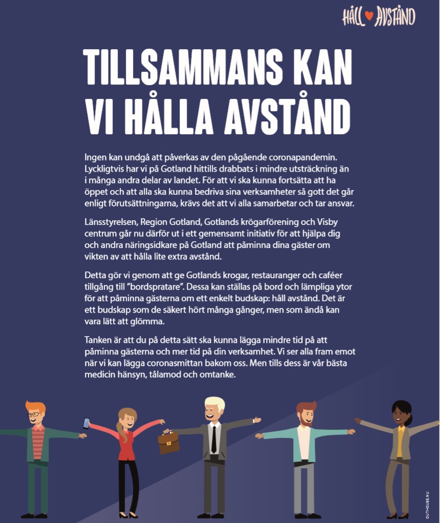 Länsstyrelsen, Region Gotland, Gotlands Krögarförening och Visby centrum: Tillsammans kan vi hålla avstånd
