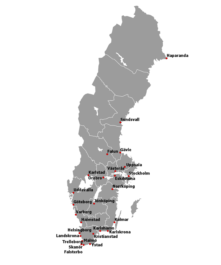 Sverigekarta som visar områden med betydande översvämningsrisk.