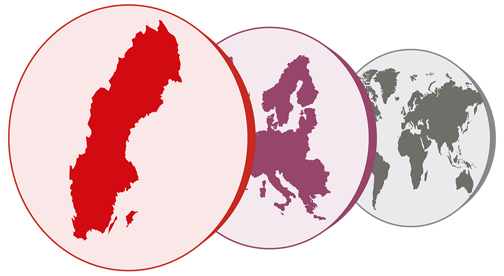 Tre kartor som visar Sverige, Europa och världen.