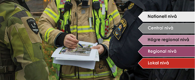 Två brandmän som samverkar med en polis tillsammans över en karta.