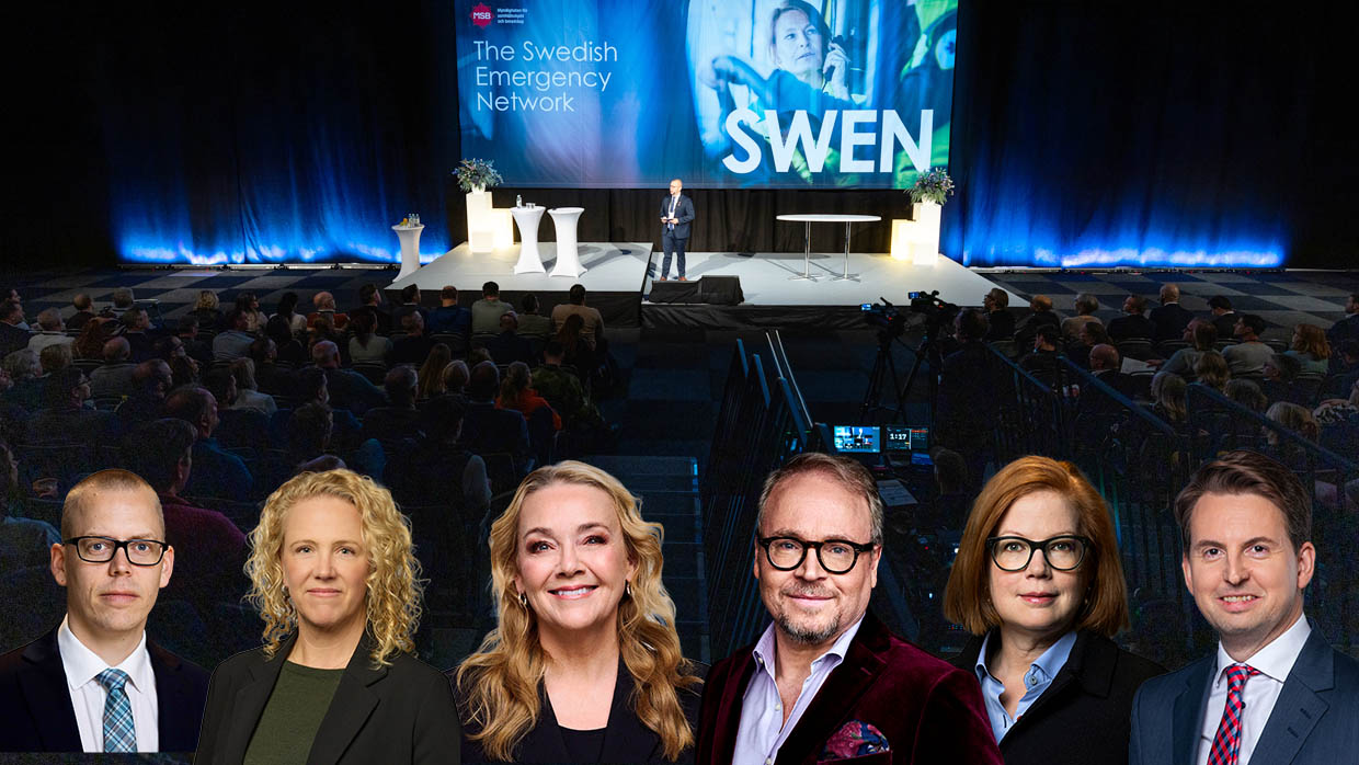 Föreläsningssal med inklippta porträtt av talarna Ronny Harpe, Karin Lönnheden, Ellinor Persson, Fredrik Lindström, Anna Starbrink och Johan Berggren.