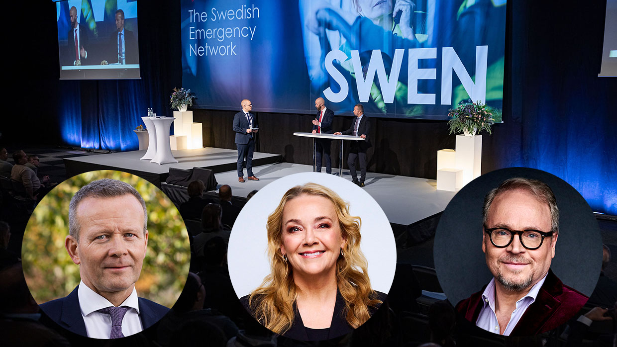 Podium and stage in background. Portraits of Mikael Frisell, Elinor Persson, Fredrik Lindström.