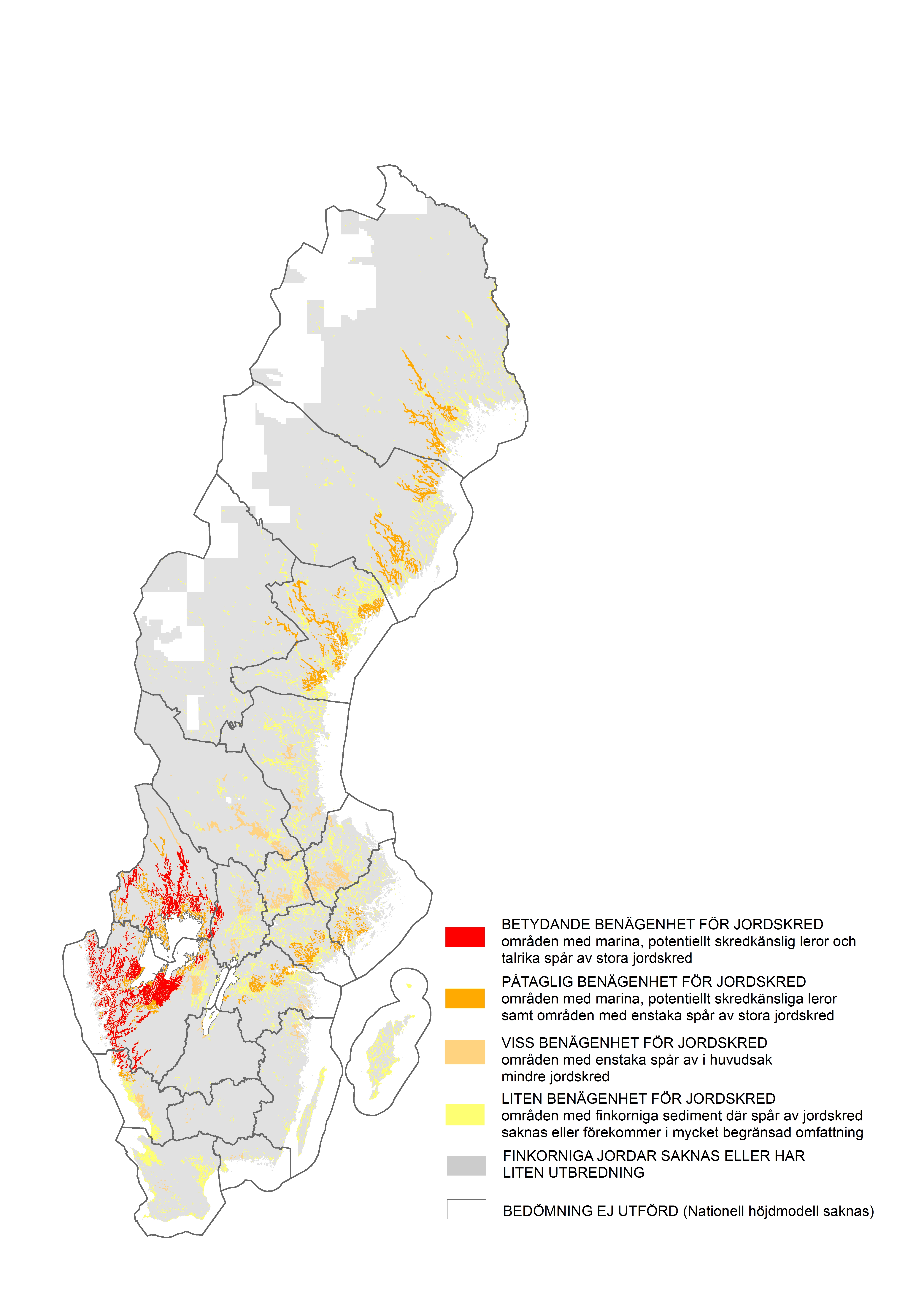 Karta över Sverige som visar frekvensen av skredärr och raviner.