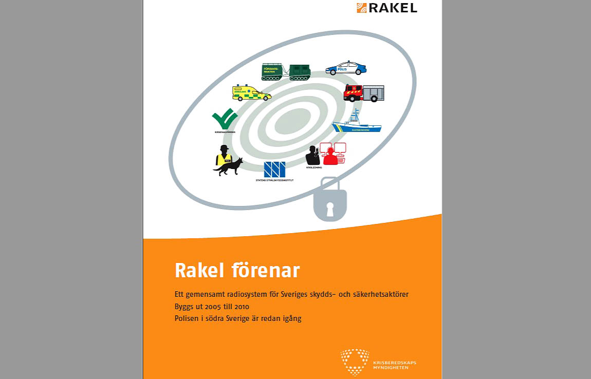 Annons från Krisberedskapsmyndigheten år 2006. Text: Rakel förenar. Ett gemensamt radiosystem för Sveriges skydds- och säkerhetsaktörer. Byggs ut 2005 till 2010. Polisen i södra Sverige är redan igång. Bilder som symboliserar samhällsviktig verksamhet.
