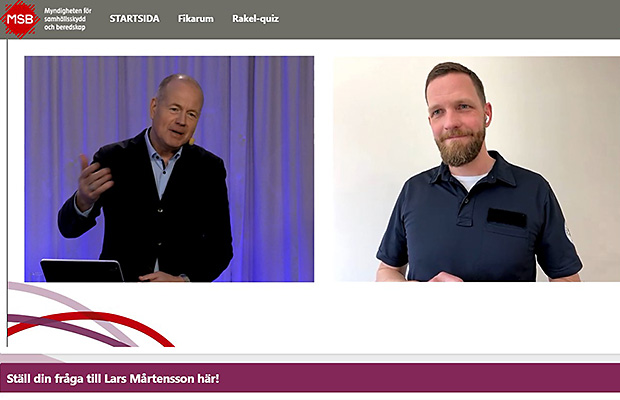 Webbsändning från Rakeldagen. Bild på Morgan Olofsson, kommunikationsdirektör MSB från studion och bild på Lars Mårtensson, Region Blekinge som sänder via webbkamera.