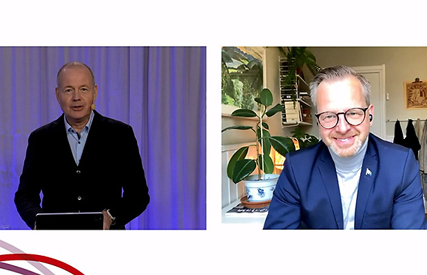 Webbsändning från Rakeldagen. Bild på Morgan Olofsson, kommunikationsdirektör MSB från studion och bild på Mikael Damberg, inrikesminister som sänder via webbkamera från hemmiljö.
