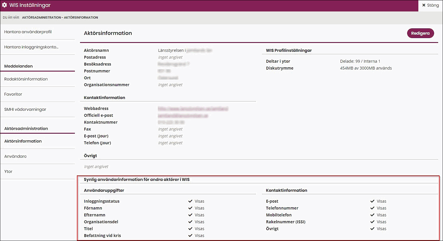 Skärmklipp från WIS. Kontaktinformation till enskild aktör, bland annat aktörsnamn och adress. I ett fält går det att göra inställningar över vilken användarinformation som ska vara synlig för andra aktörer. Valen finns under två huvudrubriker: Användarinformation och kontaktinformation.