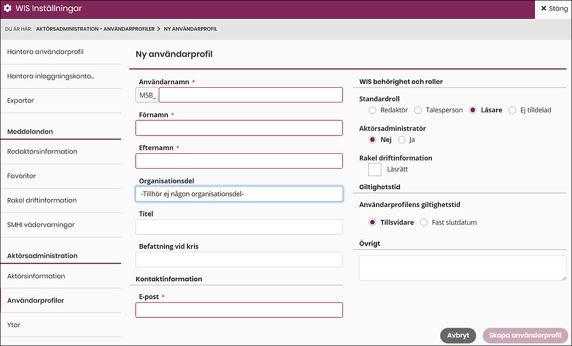 Sida med val för inställningar för att skapa ny användarprofil i WIS. Textrutor att fylla i för uppgifter om användaren så som namn och kontaktuppgifter. Val för behörighet och roller så som redaktör, talesperson, läsare, aktörsadministratör.