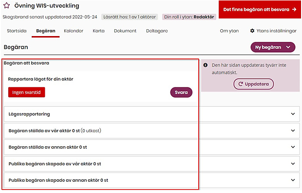 WIS-yta med fliken begäran. Textruta med information att det finns en begäran att besvara. Med knappen svara kan WIS-användaren rapportera läget för sin aktör.