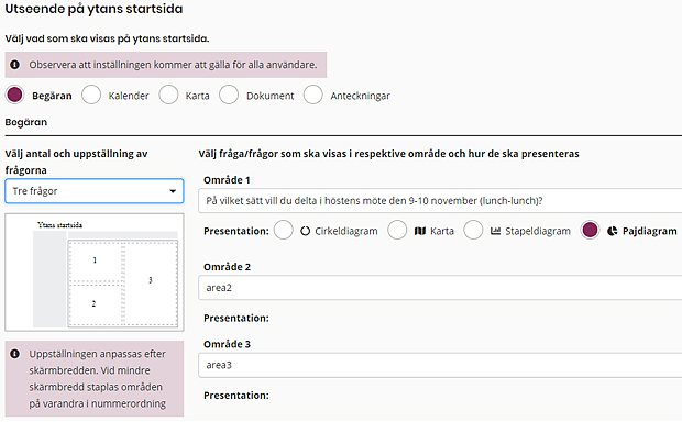 : Inställningar för utseende på ytans startsida. Alternativ för vad som ska visas på ytans startsida. Begäran, kalender, karta, dokument, anteckningar. Alternativ för hur svaren presenteras: cirkeldiagram, karta, stapeldiagram, pajdiagram.