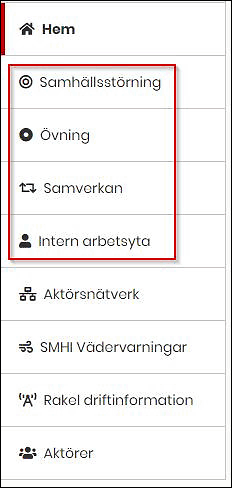 Lista över menyvalen i WIS: Samhällsstörning, övning, samverkan, intern arbetsyta är inringade. Sedan följer aktörsnätverk, SMHI vädervarningar, Rakel driftinformation.